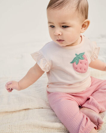 Baby Girl 3-Piece Strawberry Top & Pant Set - Pink, 