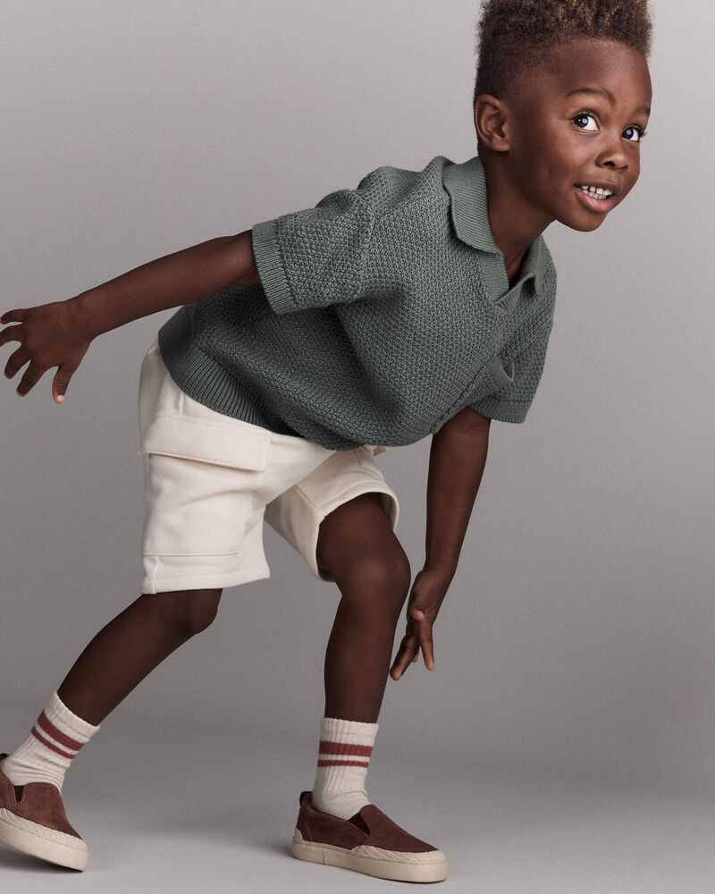 Toddler Boy French Terry Cargo Short with Pockets - Cream, image 3 of 7 slides