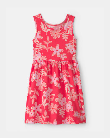 Girls Tropical Floral Sleeveless Knit Dress - Coral, 