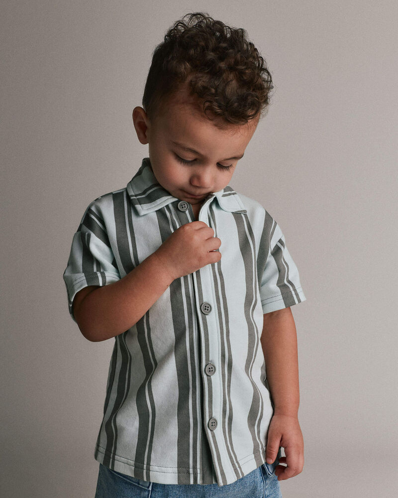 Toddler Boy Button-Down Short-Sleeve Shirt in Stripes - Light Blue/Sage, image 1 of 5 slides