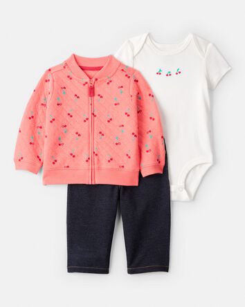 Baby Girl 3-Piece Cherry Quilted Cardigan Outfit Set - Pink, 