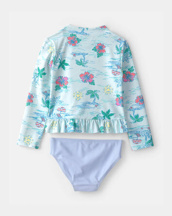 Toddler Girl 2-Piece Tropical Beach Rashguard Swimsuit Set - Blue/Purple, 