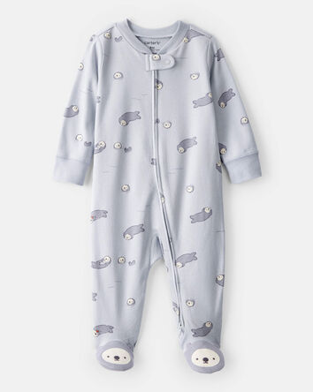 Baby Otter Print 100% Cotton Long-Sleeve Snug Fit Sleep & Play Pajamas - Blue, 