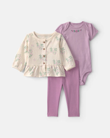 Baby Girl 3-Piece Floral Layering Set - Purple/Ivory, 
