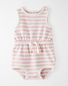 Baby Girl Organic Cotton Pink Striped Bubble Romper, image 1 of 4 slides