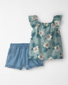 Toddler Girl 2-Piece Linen Top & Short Set Made with Organic Cotton in Blue Hibiscus, image 1 of 5 slides
