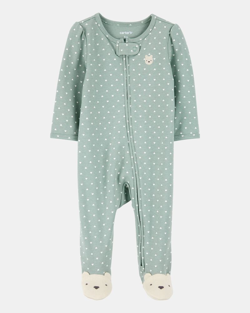 Baby Girl Polka Dot 2-Way Zip Cotton Sleep & Play Pajamas - Green, image 1 of 4 slides