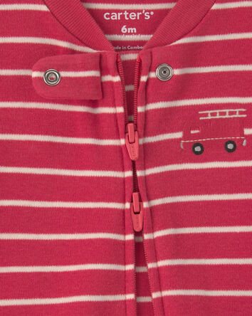 Baby Boy Firetruck Striped 100% Cotton 2-Way Zip Sleep & Play Pajamas - Red, 