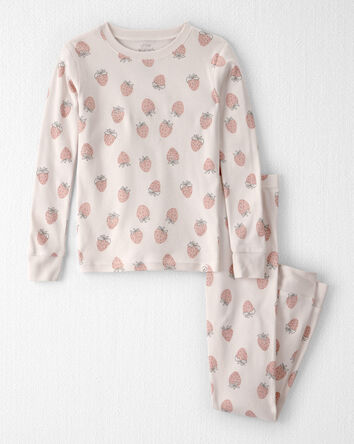Girls 2-Piece Organic Cotton Ribbed Pajama Set in Strawberry Print, 