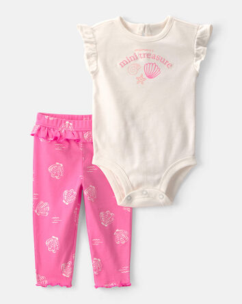 Baby Girl 2-Piece 'Mommy's Mini Treasure' Shell Bodysuit & Pant Set - Pink/Ivory, 