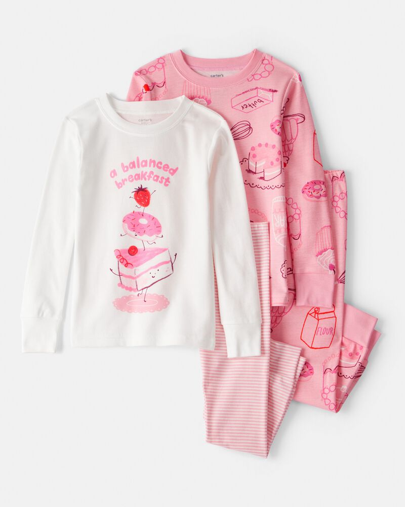 Toddler Girl Desserts 100% Cotton Snug Fit 4-Piece Pajamas - Pink/White, image 1 of 4 slides