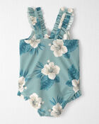 Baby Girl Recycled Ruffle 1-Piece Swimsuit in Blue Hibiscus, image 2 of 5 slides