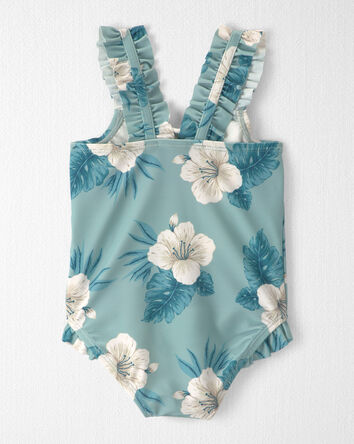 Baby Girl Recycled Ruffle 1-Piece Swimsuit in Blue Hibiscus, 