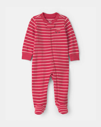 Baby Boy Firetruck Striped 100% Cotton 2-Way Zip Sleep & Play Pajamas - Red, 