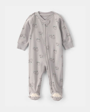 Baby Sheep 100% Cotton 2-Way Zip Sleep & Play Pajamas - Grey, 