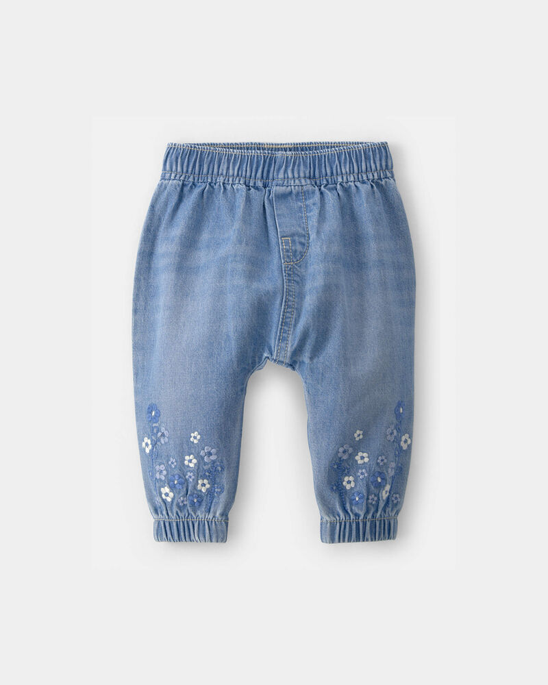 Baby Girl Floral Pull-On Denim Jogger - Medium Wash, image 1 of 5 slides