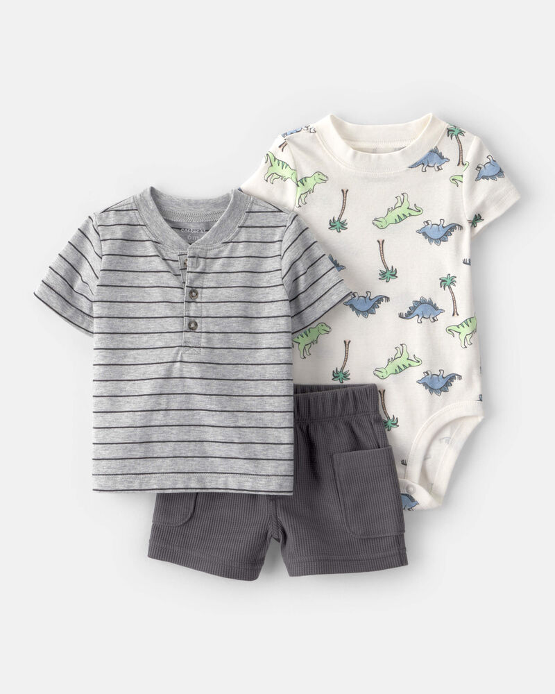 Baby Boy 3-Dinosaur Outfit Set - Grey/White, image 1 of 13 slides