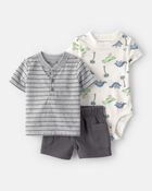 Baby Boy 3-Dinosaur Outfit Set - Grey/White, image 1 of 13 slides