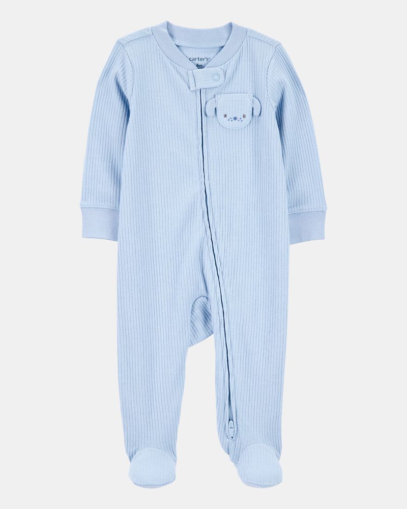 Baby Boy Dog Pocket 2-Way Zip Ribbed Sleep & Play Pajamas - Blue, image 1 of 5 slides
