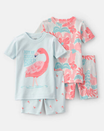Toddler Girl Flamingo 100% Cotton Short-Sleeve Snug Fit 4-Piece Pajama Set - Pink/Blue, 