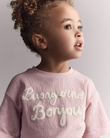 Toddler Girl 'Buongiorno, Bonjour' Rolled Cuff Tee - Light Pink, 