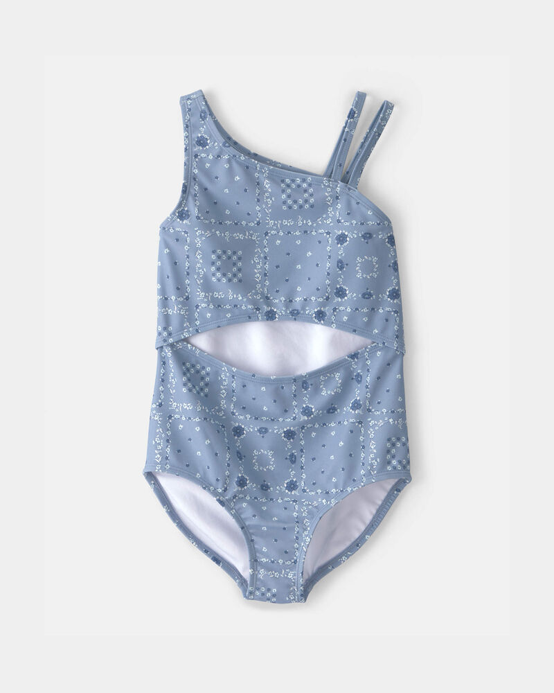 Girls Bandana Floral 1-Piece Swimsuit - Blue, image 1 of 7 slides