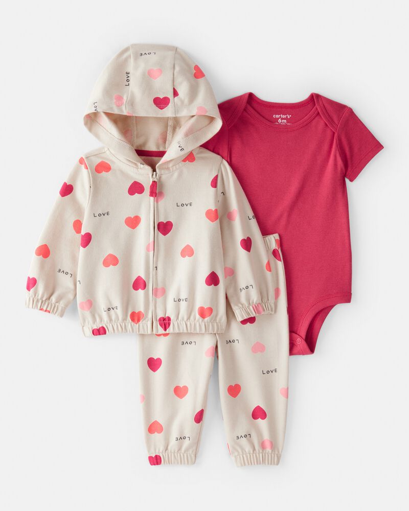 Baby Girl 3-Piece Heart Jacket Outfit Set - Brown, image 1 of 4 slides