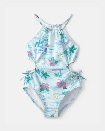 Girls 1-Piece Tropical Beach Swimsuit - Blue, 