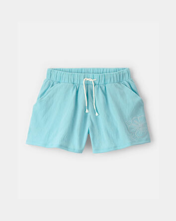 Girls Floral Embroidered Gauze Shorts - Blue, 