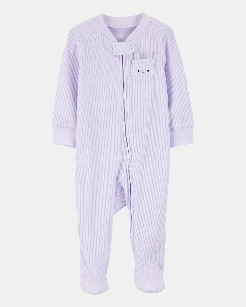 Baby Girl Bunny 2-Way Zip Ribbed Sleep & Play Pajamas - Purple, image 1 of 3 slides