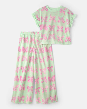 Girls Butterfly Loose Fit 2-Piece Pajama Set - Green, 