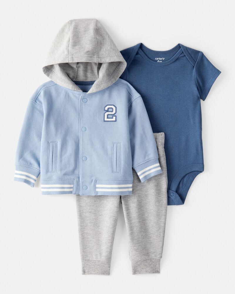 Baby Boy 3-Piece French Terry Jacket Outfit Set - Blue, image 1 of 6 slides