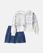 Girls 2-Piece French Terry Pullover & Chambray Skirt Set - White/Blue, image 1 of 5 slides