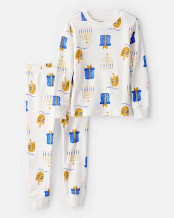 Toddler Hannukah Print 100% Cotton Long-Sleeve Snug Fit 2-Piece Pajamas - White, 