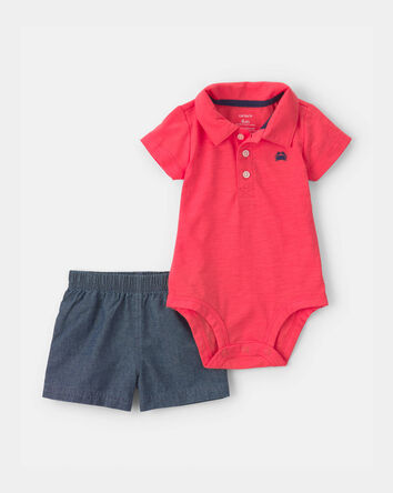 Baby Boy 2-Piece Polo Shirt & Short Set - Orange/Blue, 