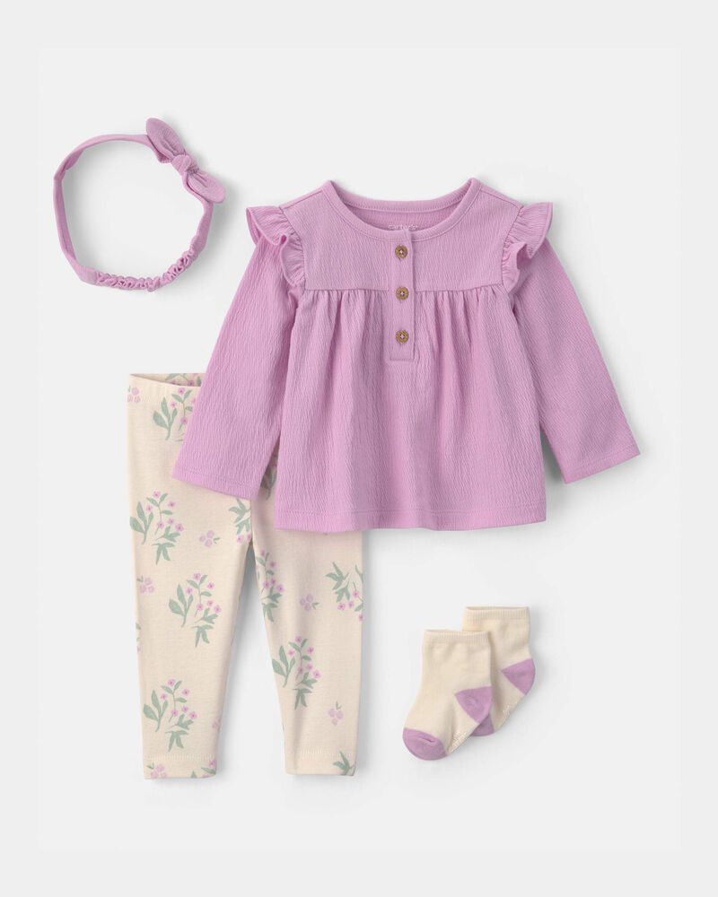 Baby Girl 4-Piece Long-Sleeve Top & Pant Set - Purple, image 1 of 4 slides