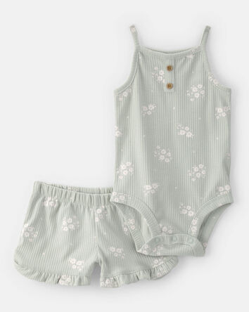 Baby Girl 2-Piece Floral Sleeveless Bodysuit & Short Set - Green, 