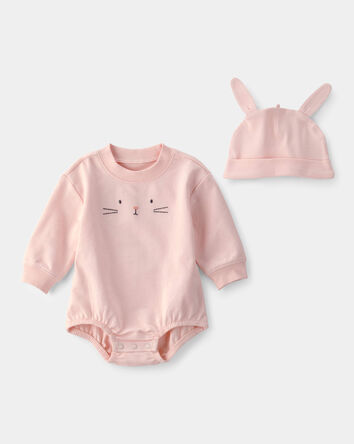 Baby Girl Bunny Bubble Romper & Hat Set - Pink, 