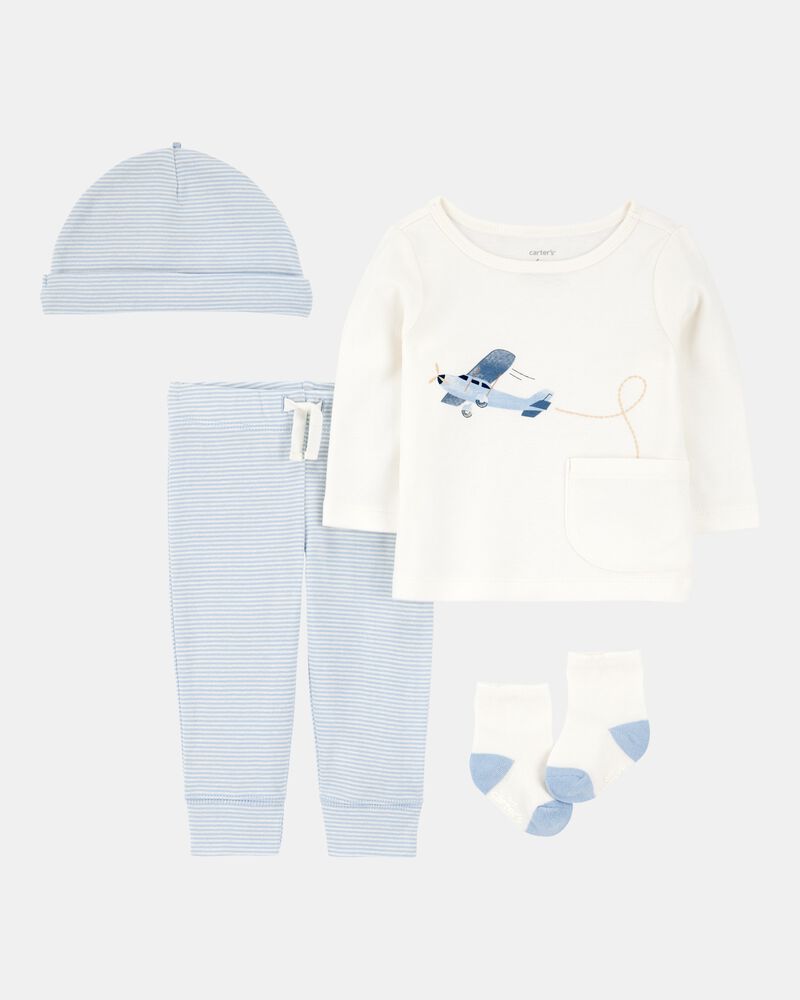 Baby 4-Piece Airplane Print Outfit Set - Blue, image 1 of 5 slides