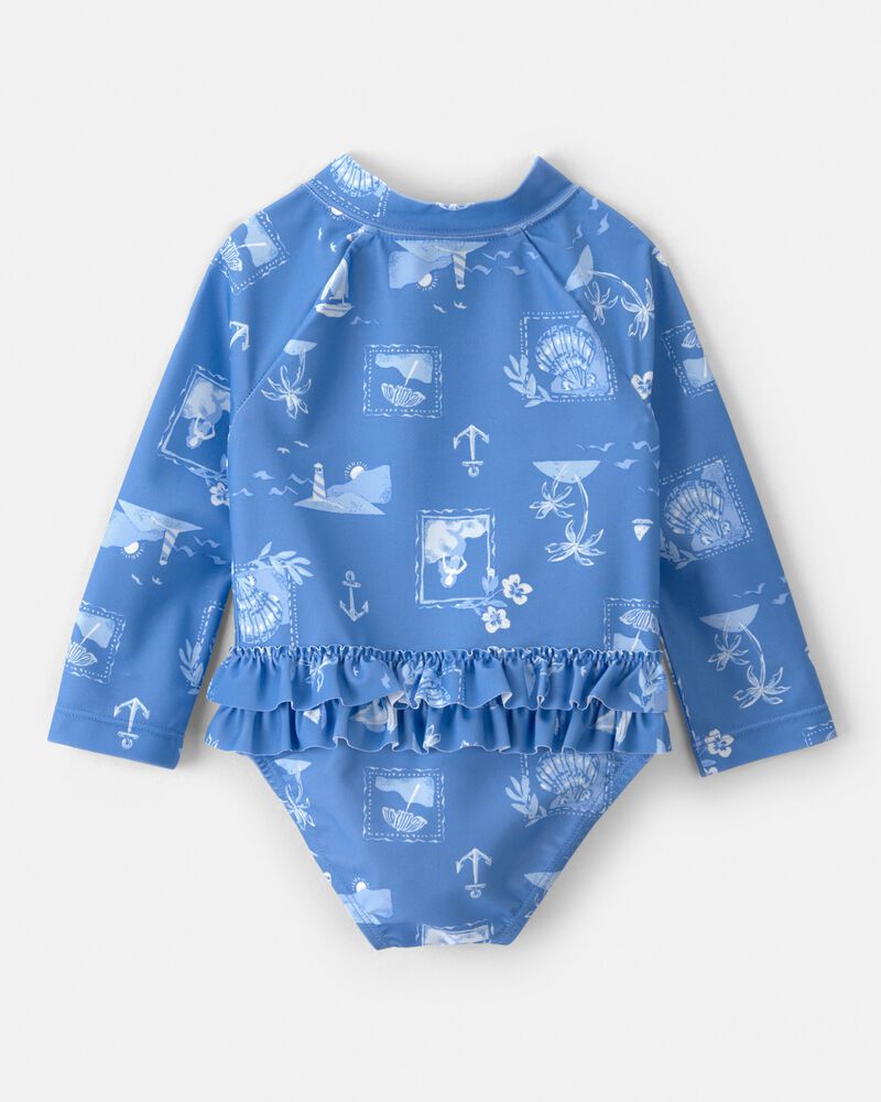 Baby Girl Sailboat Long-Sleeve 1-Piece Rashguard Swimsuit - Blue, image 3 of 5 slides