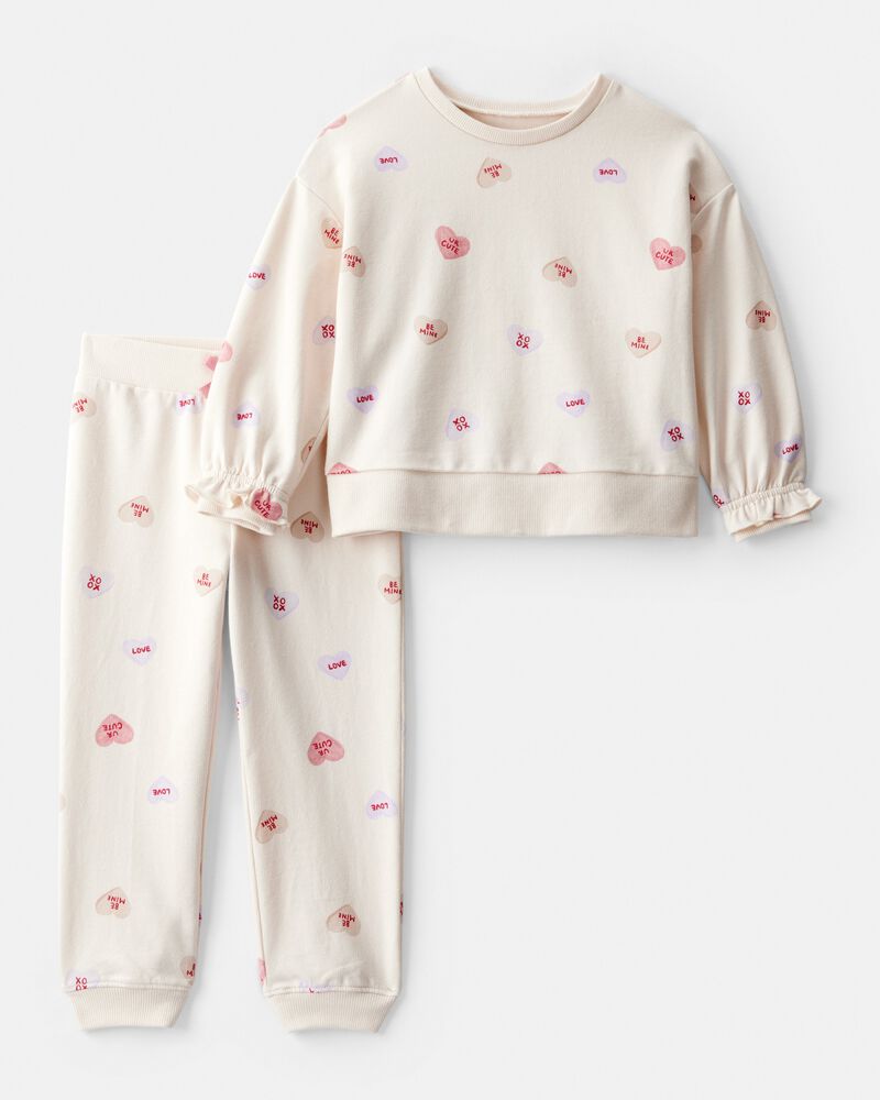 Toddler Girl Candy Heart French Terry Pullover & Pant Set - Cream, image 1 of 4 slides