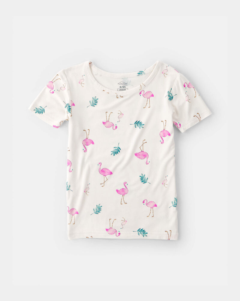 Girls Flamingo PurelySoft Short-Sleeve Snug Fit 2-Piece Pajama Set - Ivory, image 3 of 7 slides