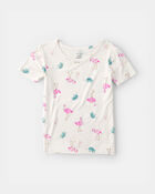 Girls Flamingo PurelySoft Short-Sleeve Snug Fit 2-Piece Pajama Set - Ivory, image 3 of 7 slides