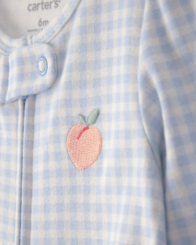 Baby Girl Peach Gingham 2-Way Zip 100% Cotton Sleep & Play Pajama - Blue, image 2 of 6 slides