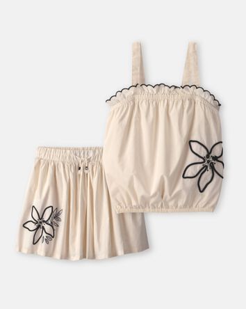 Girls 2-Piece Flower Embroidered Tank Top & Skirt Set - Ivory, 