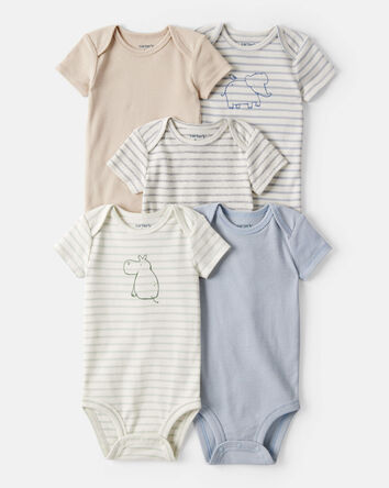 Baby Boy 5-Pack Hippo Multipack Bodysuits - Brown/Blue/White, 