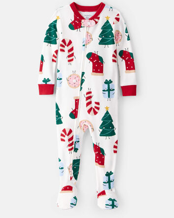 Toddler Festive Friends Christmas 100% Cotton Long-Sleeve Snug Fit 1-Piece Pajamas - White, 
