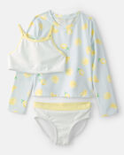 Girls 3-Piece Lemon Striped Rashguard Swimsuit Set - Blue, image 1 of 6 slides