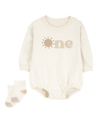 Baby 2-Piece Birthday Bubble & Socks Set - Ivory, image 1 of 3 slides