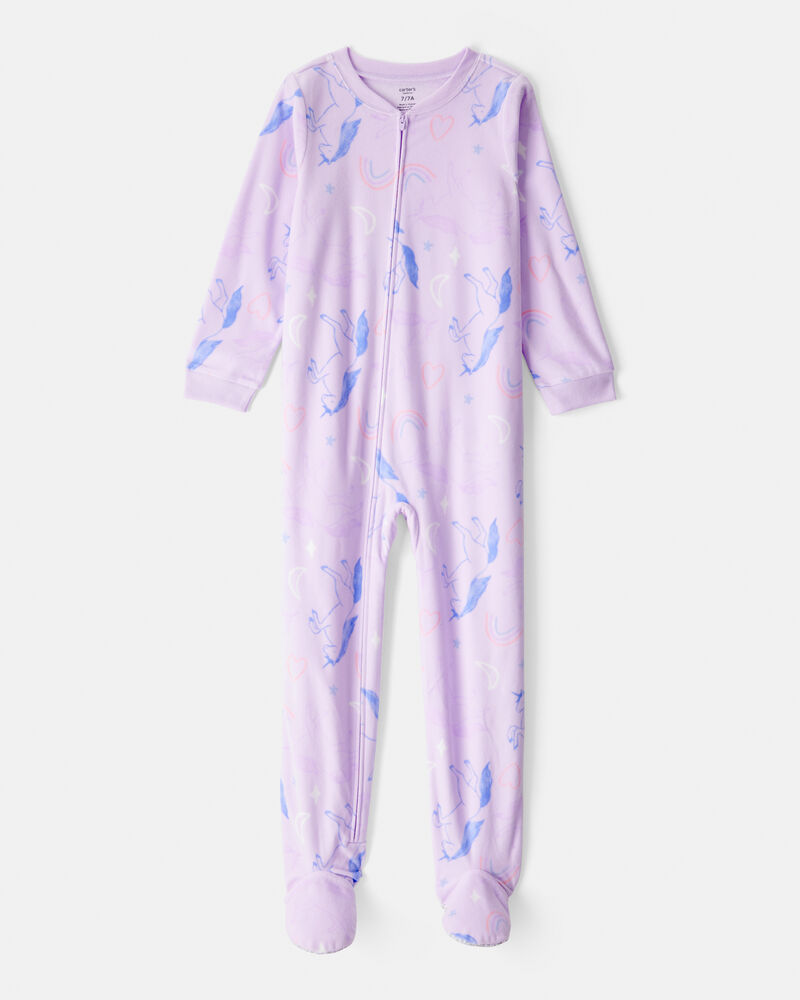 Girls Unicorn Print Loose Fit Long-Sleeve Zip-Up 1-Piece Pajamas - Purple, image 1 of 3 slides